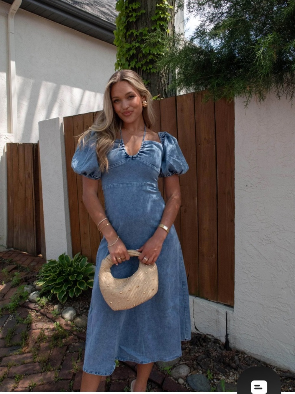 One and Only Collective- Blue Puff-Sleeve Denim Midi Dress